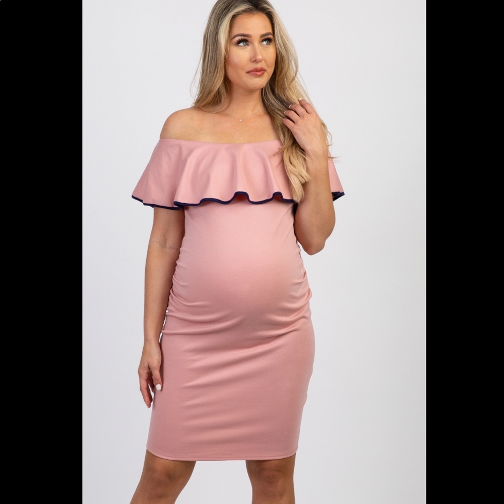 PinkBlush Off Shoulder Ruffle Fitted Maternity Dress In Pink Size Small